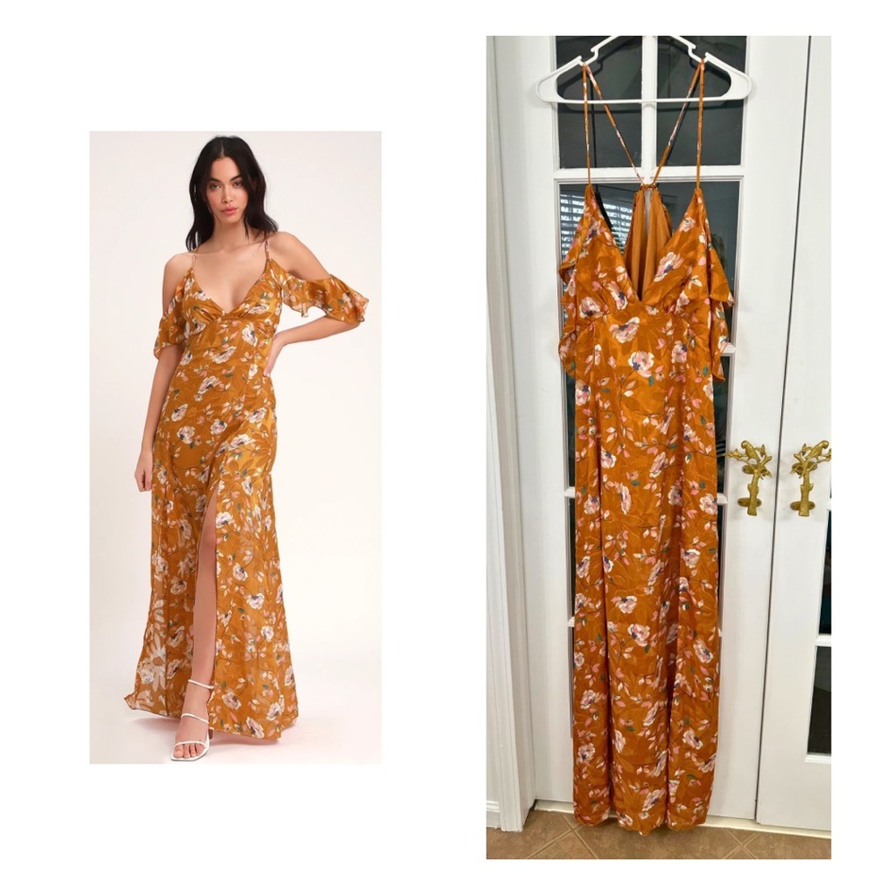 Lulus Abundant Happiness Rust Orange Floral Print Jacquard Maxi Dress (Size XL)
